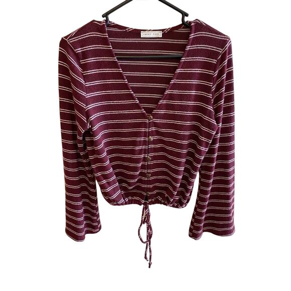 Emory Park Striped Lightweight Bell Sleeve V-Neck Button Up Cropped Sweater Sz S - Picture 1 of 5